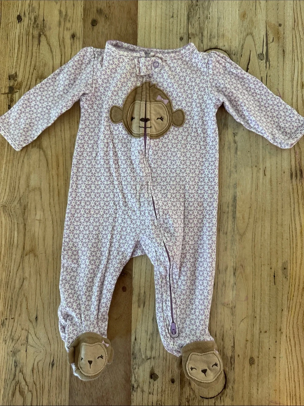 Pink Floral Baby One-Piece Footed Sleeper with Monkey Applique